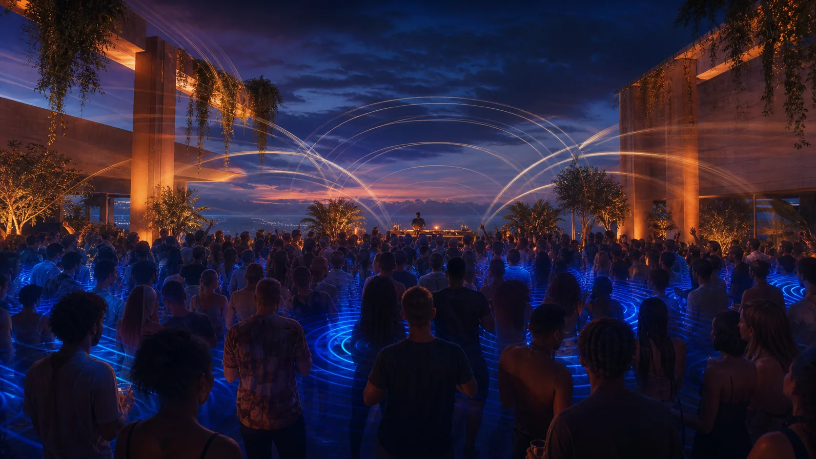 Conceptual illustration of a fictional open-air electronic music crowd surrounded by abstract spatial sound paths