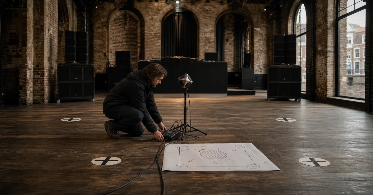A fictional Amsterdam warehouse-club sound scout using an ambisonic microphone and a four-position acoustic floor plan