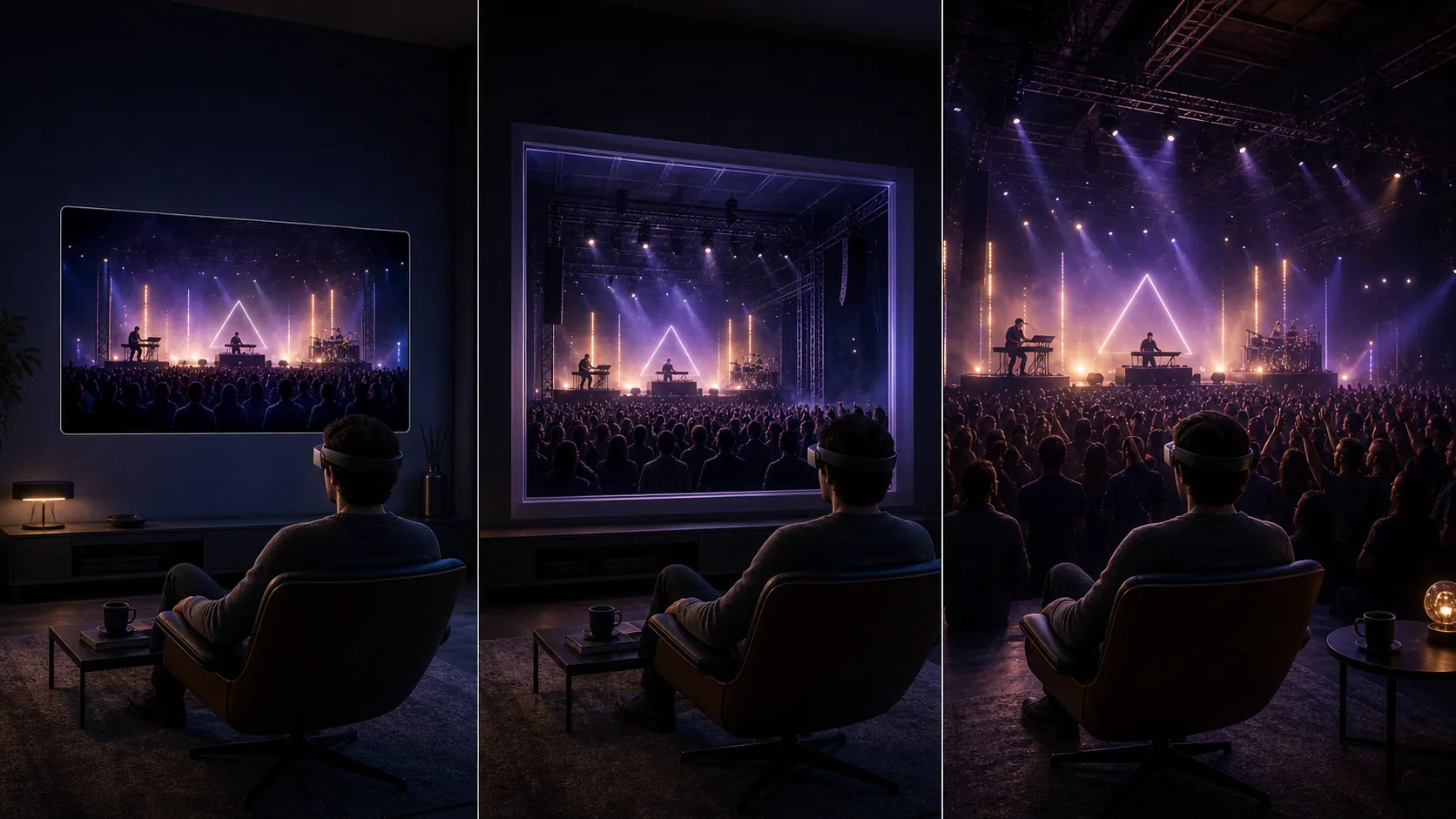 The same fictional concert shown as a flat window, a framed spatial view, and a fully immersive environment
