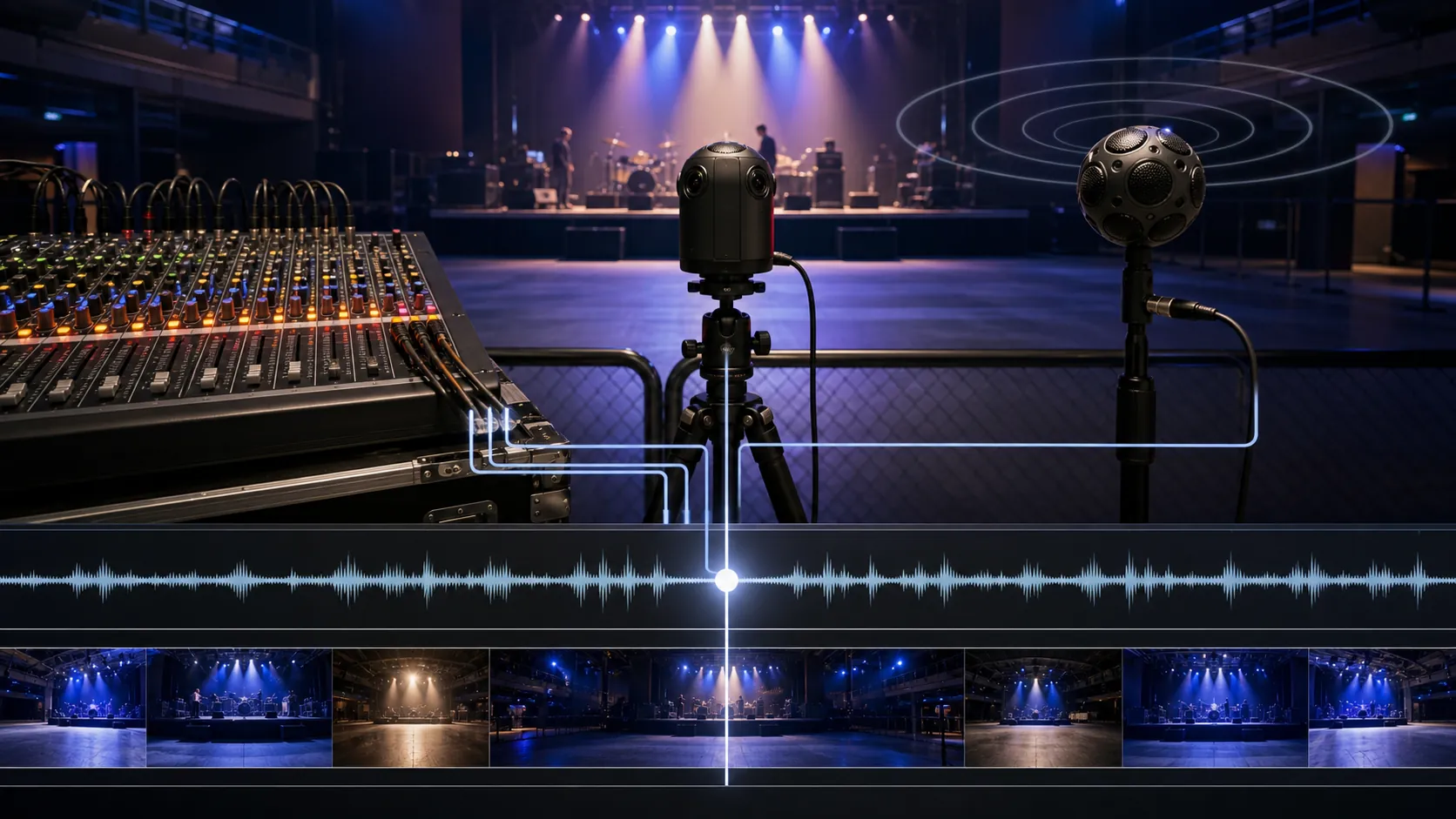 A fictional soundcheck workflow aligning a mixing-console feed, a 360 camera, and an ambisonic microphone on one timeline