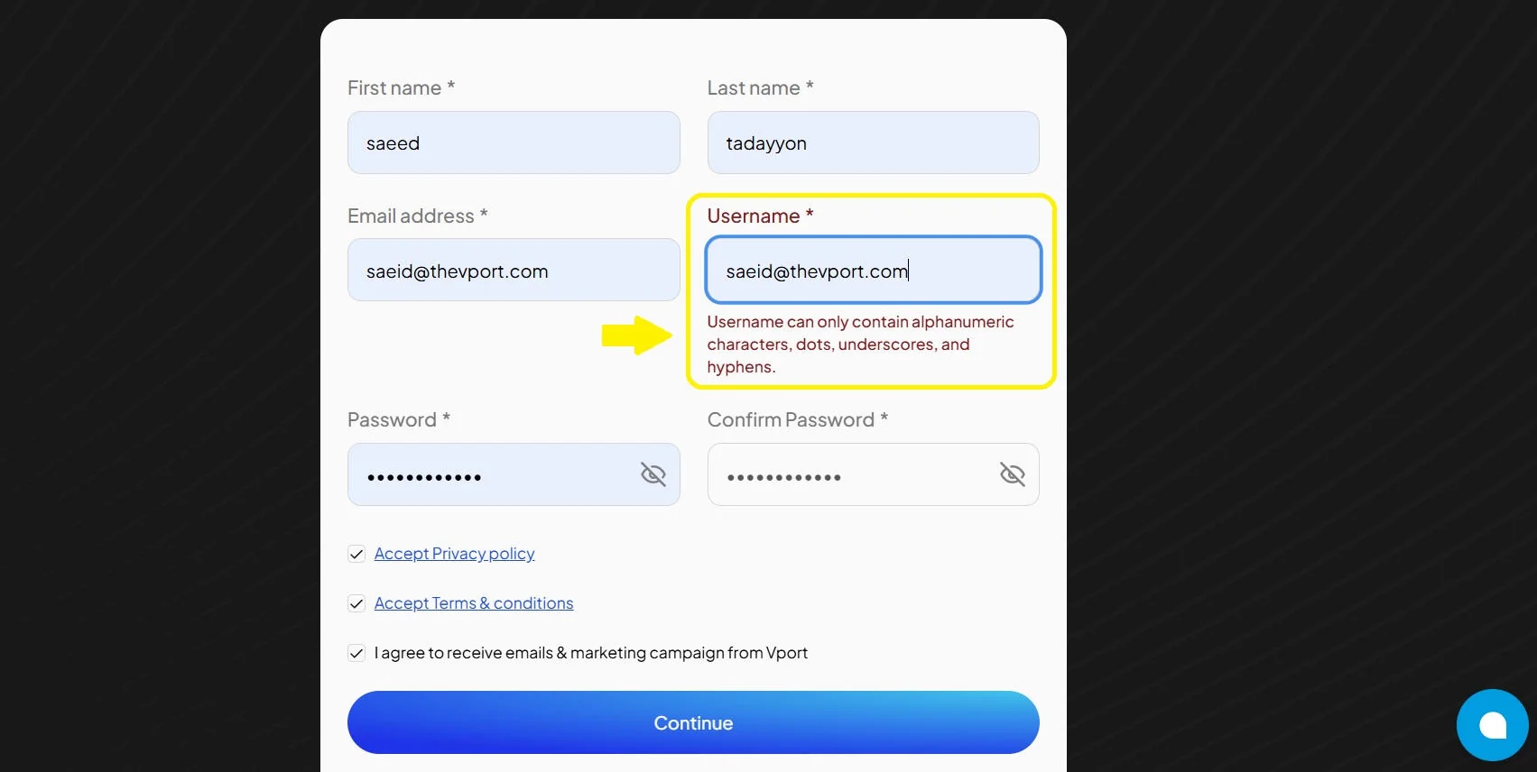 Username validation error