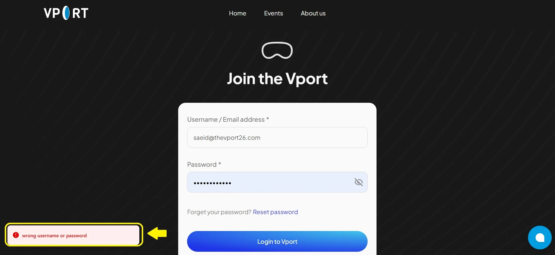 Wrong username or password error