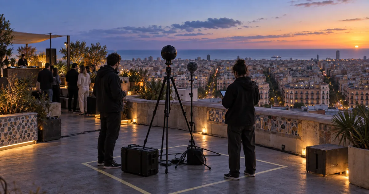 A fictional Barcelona rooftop site survey with a spherical camera and ambisonic microphone above a chamfered city grid and the Mediterranean horizon