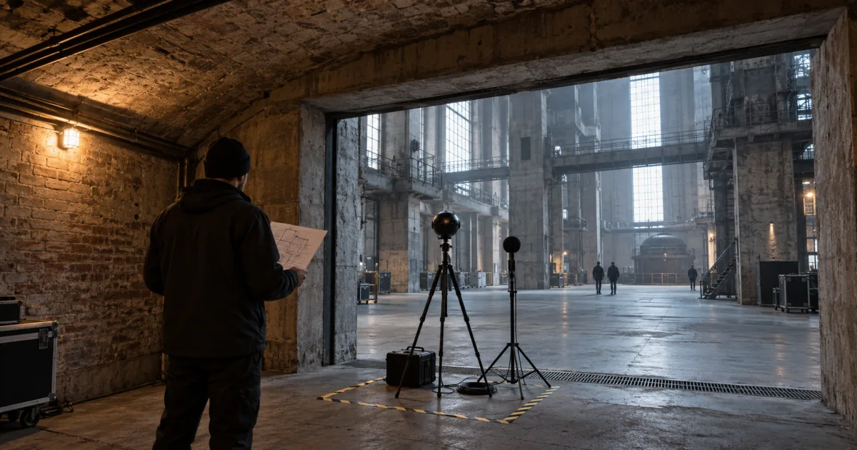 A fictional Berlin techno production scout moving from a compressed concrete vault into a tall former power-station hall with a spherical camera and ambisonic microphone