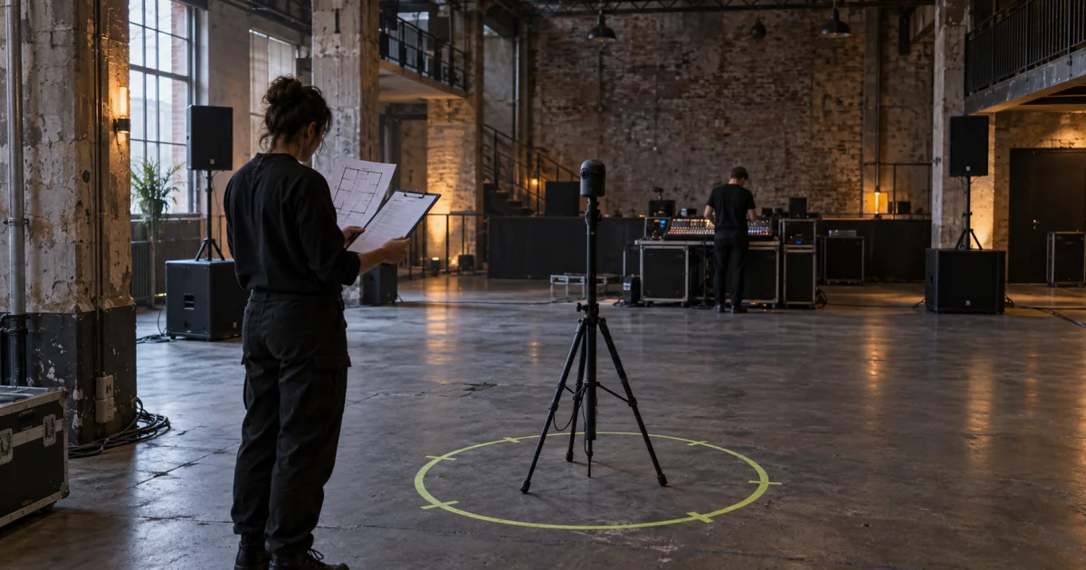 Fictional editorial soundcheck in an industrial club, with a 360 camera inside a taped placement circle while a venue operator checks a floor plan and permissions sheet