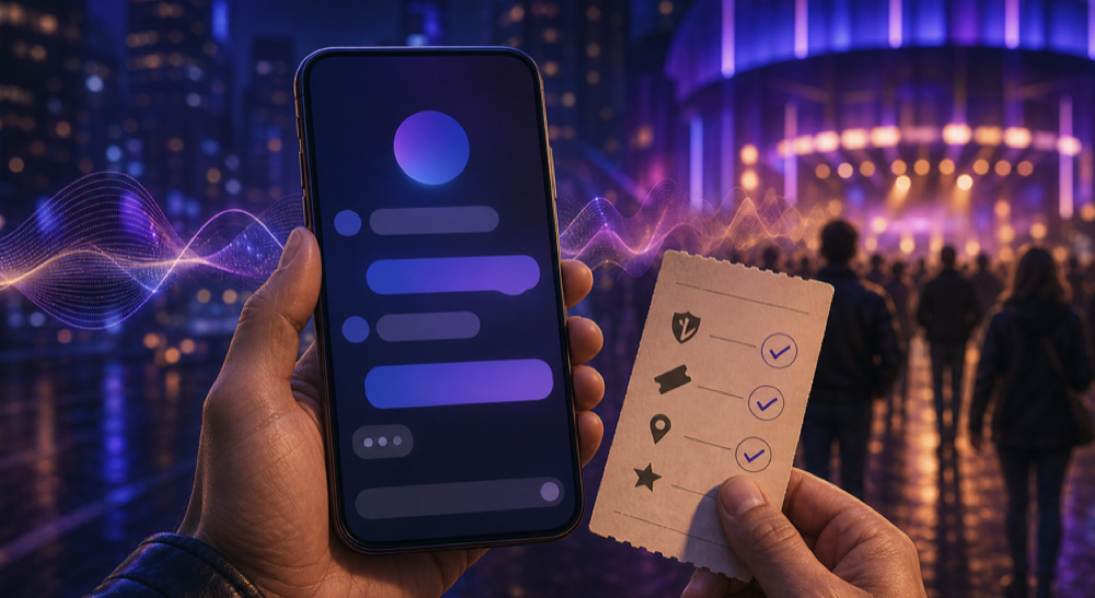 Original editorial artwork showing an AI concert search being checked against an event-verification list