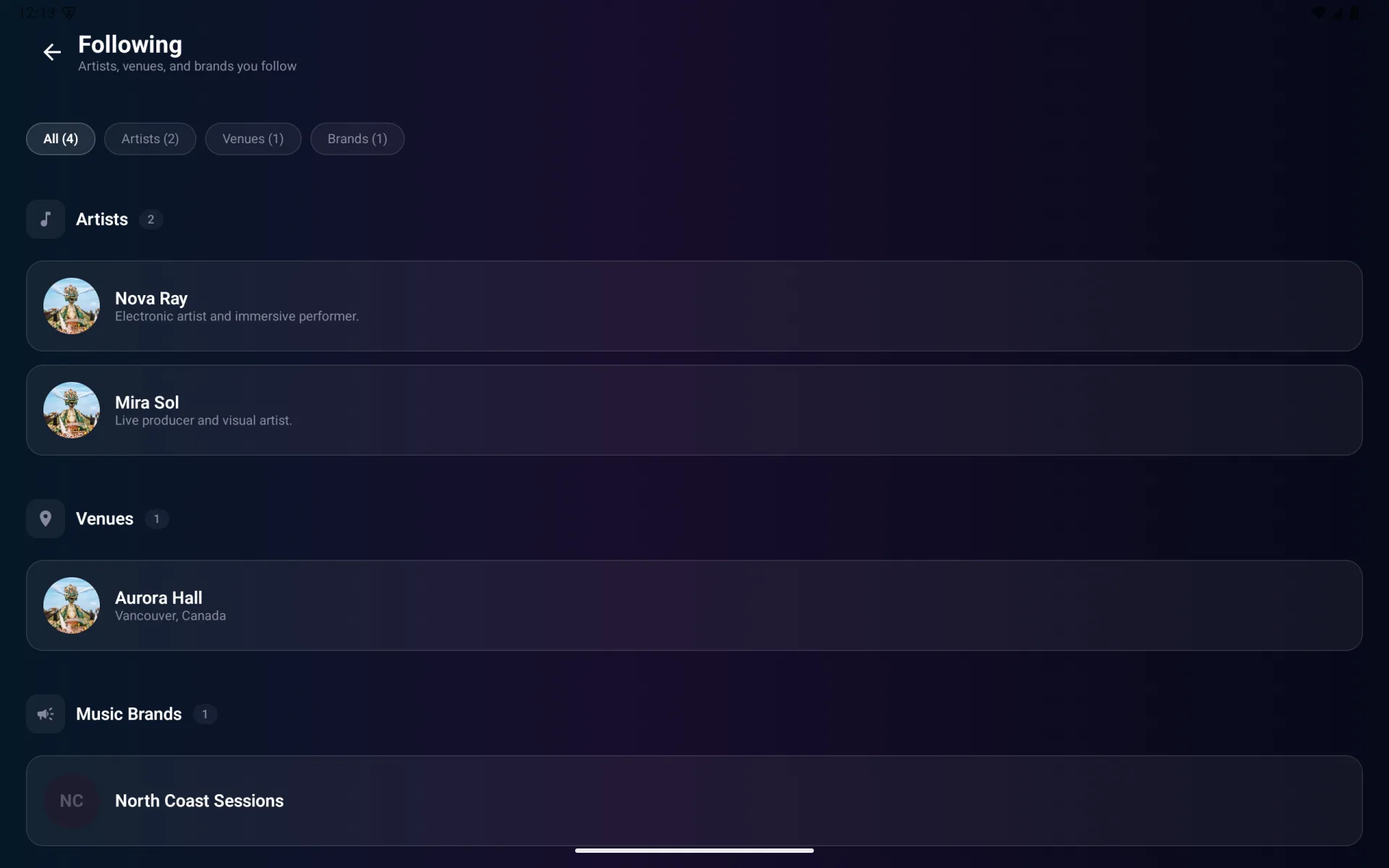 Followed artists, venues, and music brands