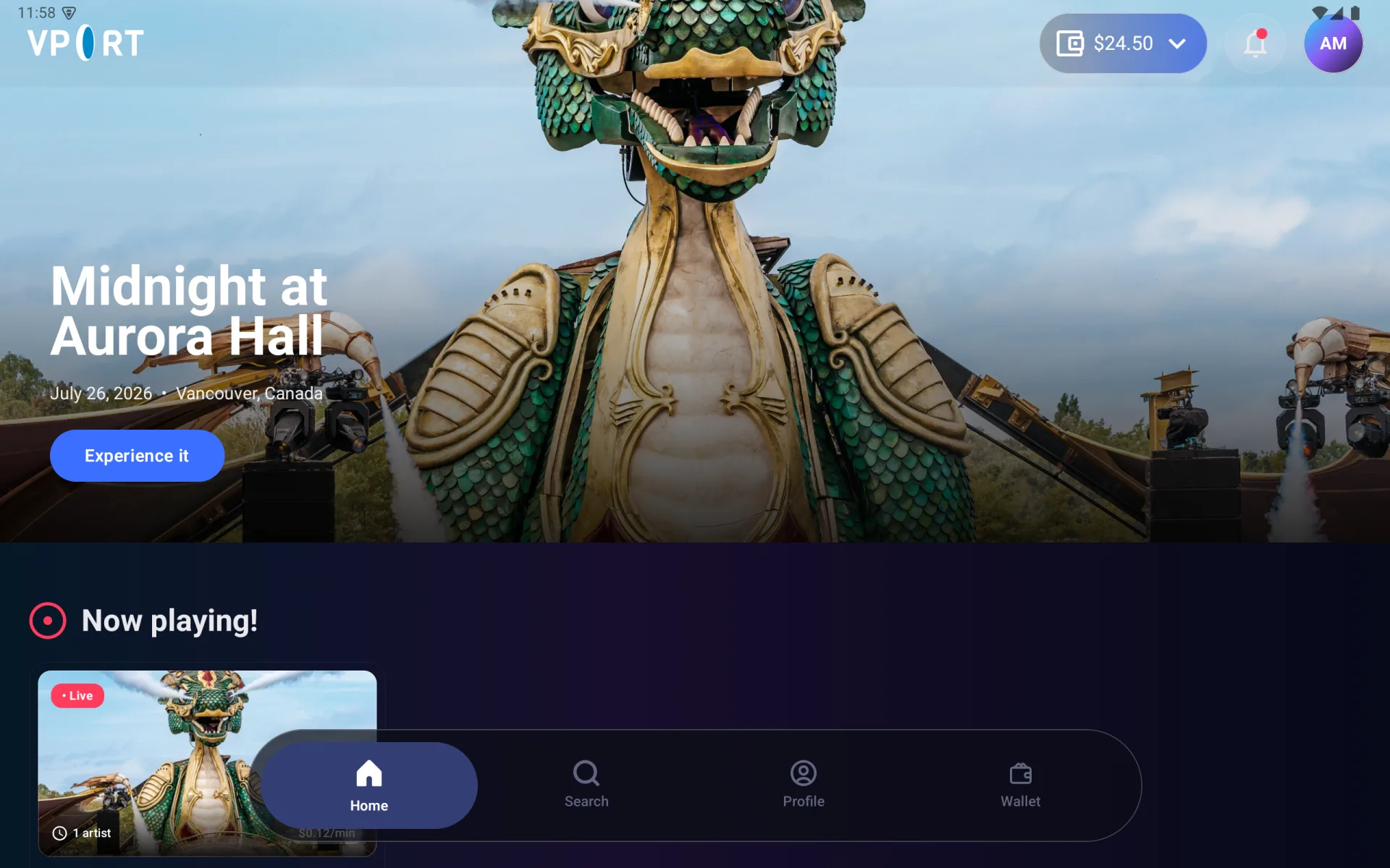 VPORT Home and bottom navigation on Meta Quest