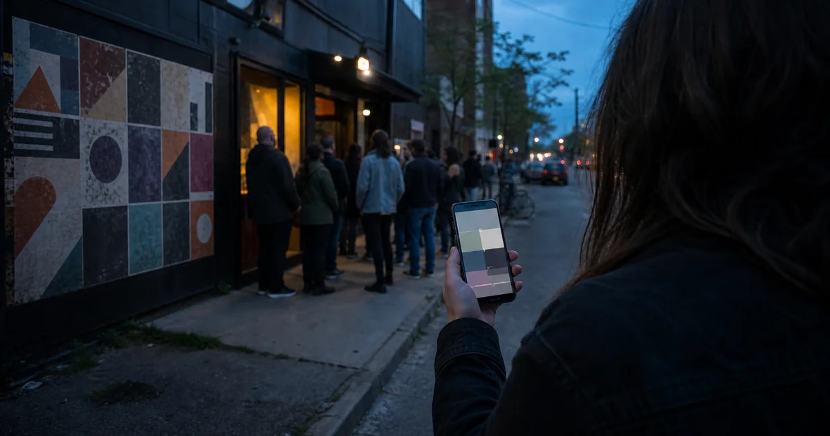 A concertgoer using an abstract, unbranded event search interface outside a fictional music venue.