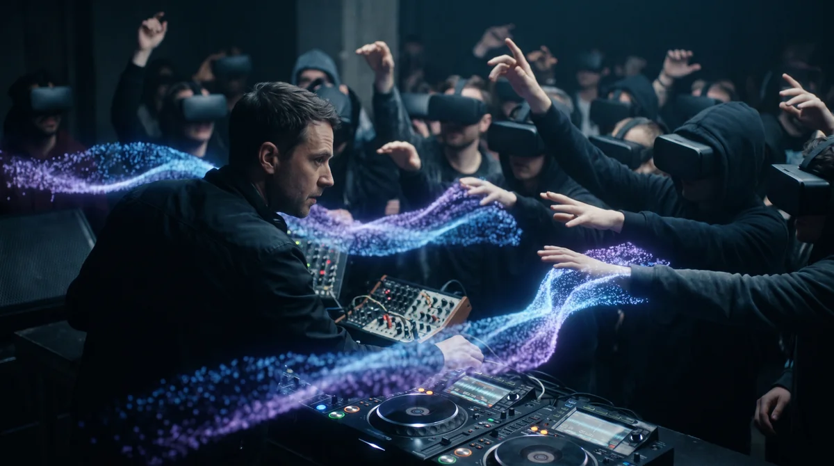 A fictional musician performing for a remote audience wearing immersive headsets