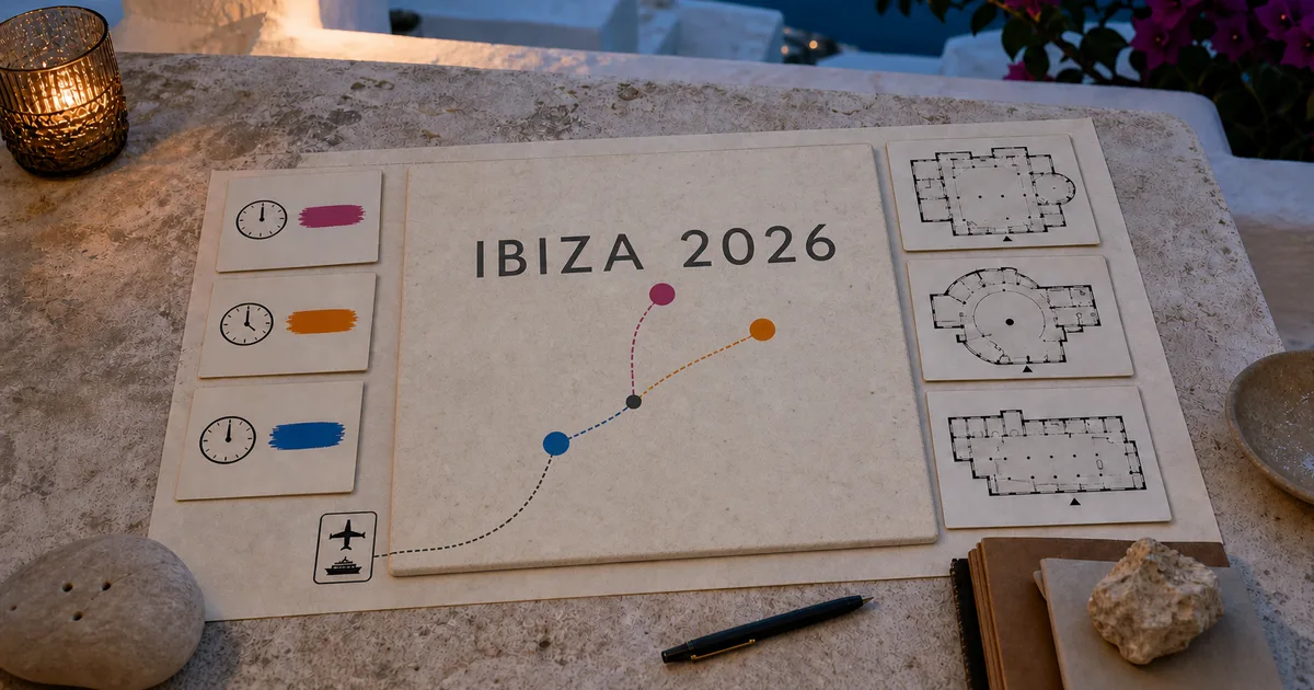 Editorial Ibiza 2026 planning board with three schedule cards, room layouts, and an island-arrival route