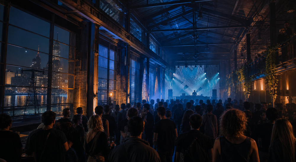 Original editorial artwork of a fictional Amsterdam waterfront music venue