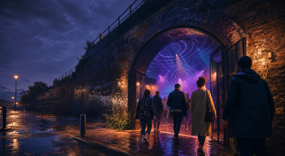 People entering a fictional immersive music venue beneath a rain-soaked brick railway arch in London