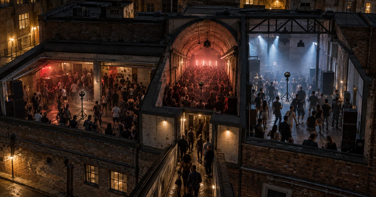 Cutaway of a fictional three-room London club showing a low basement, a narrow brick vault, a tall warehouse room, three spatial-camera positions and the corridor between them