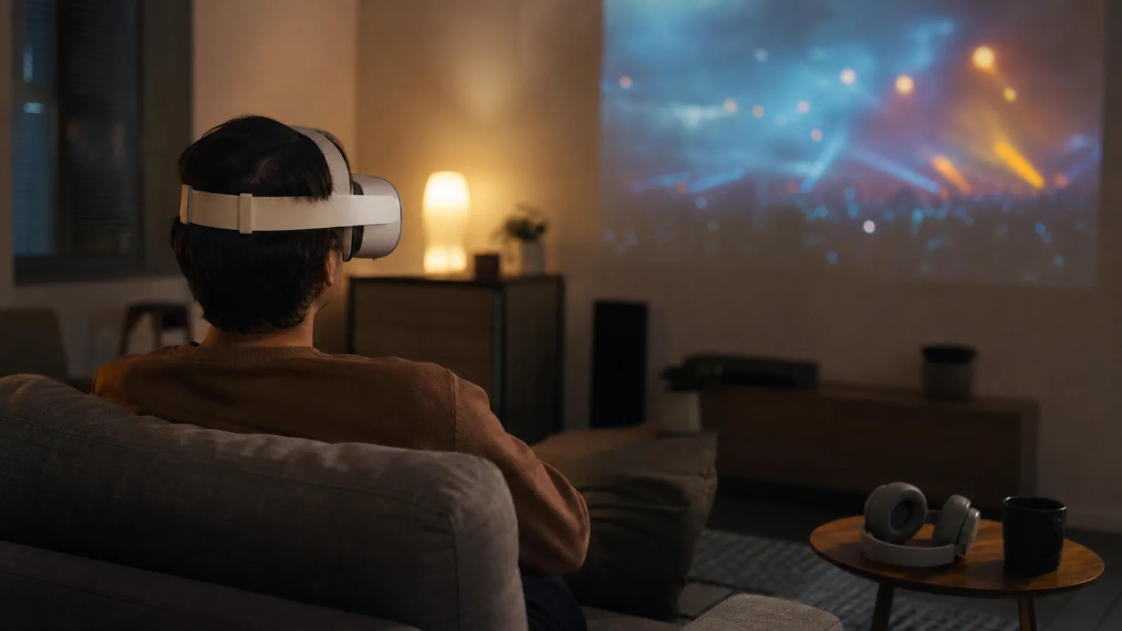 A person testing a fictional concert stream with a VR headset in a living room