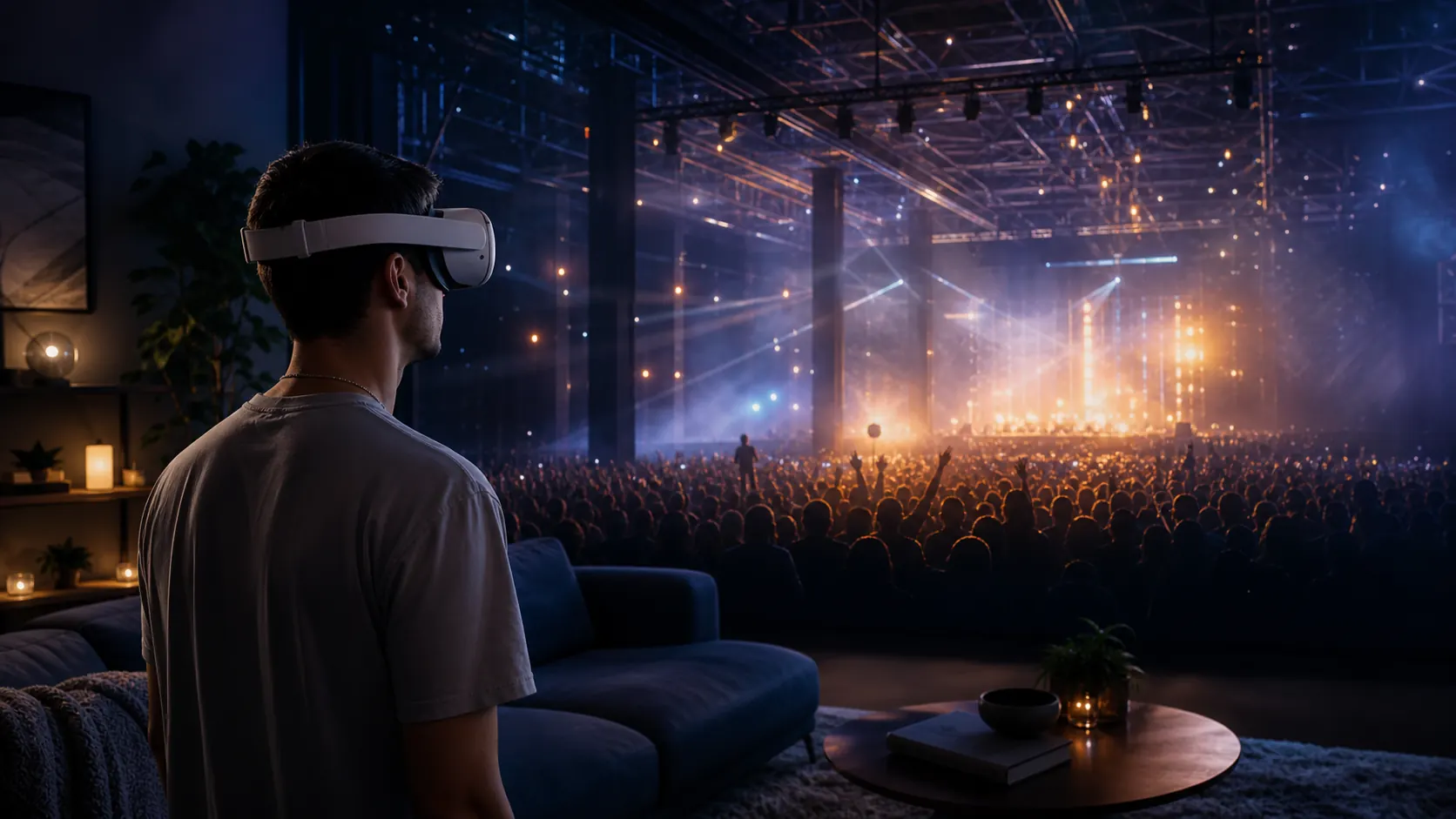 An adult wearing an unbranded VR headset at home while a fictional warehouse concert appears beyond the room