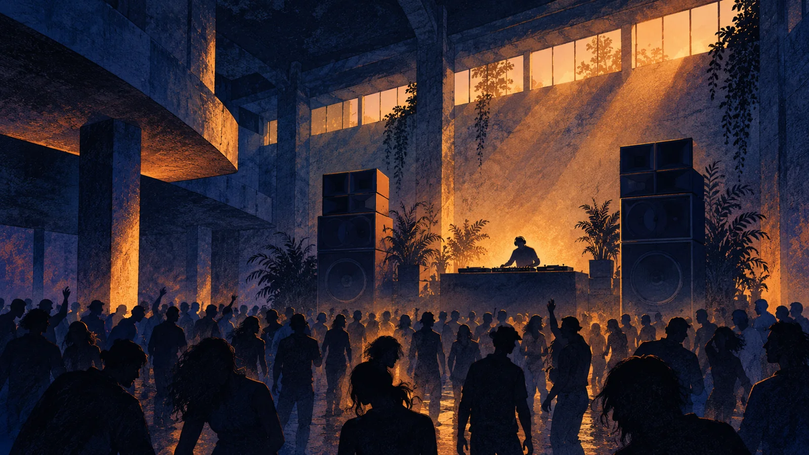 Original editorial illustration of an imagined after-hours dance floor with a DJ booth, speaker stacks and warm light through high windows.