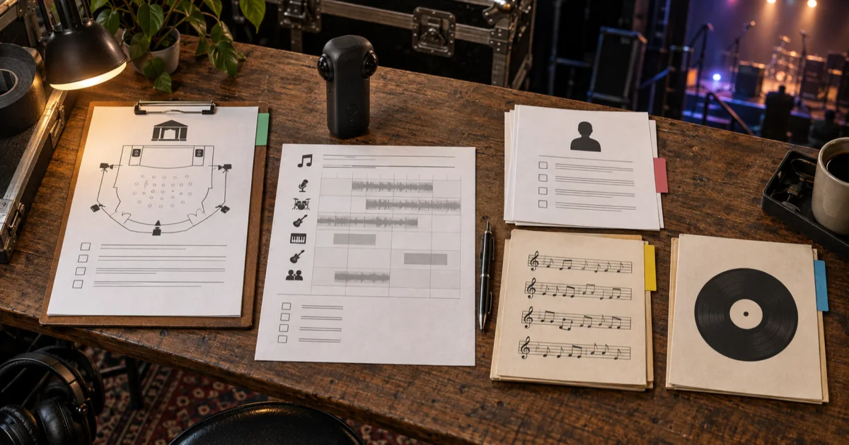 A fictional concert-rights workspace with a 360 camera, venue plan, cue sheet, performer release, composition pages, and recording folder