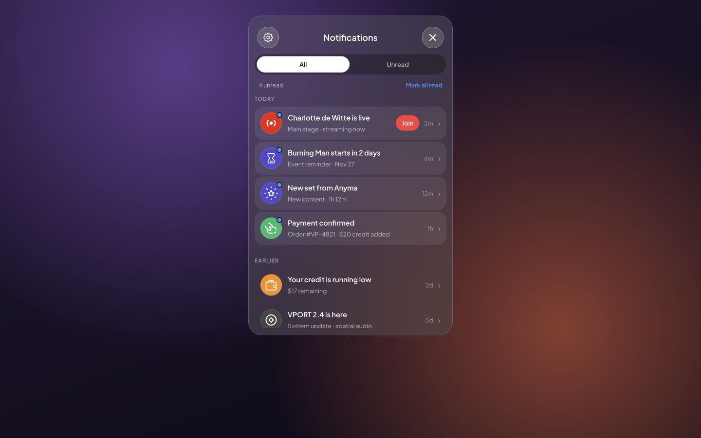 The open VPORT notifications panel showing unread and earlier alerts