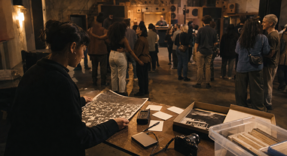 Original editorial artwork of a fictional nightclub community organizing photographs, audio, and records after a final event