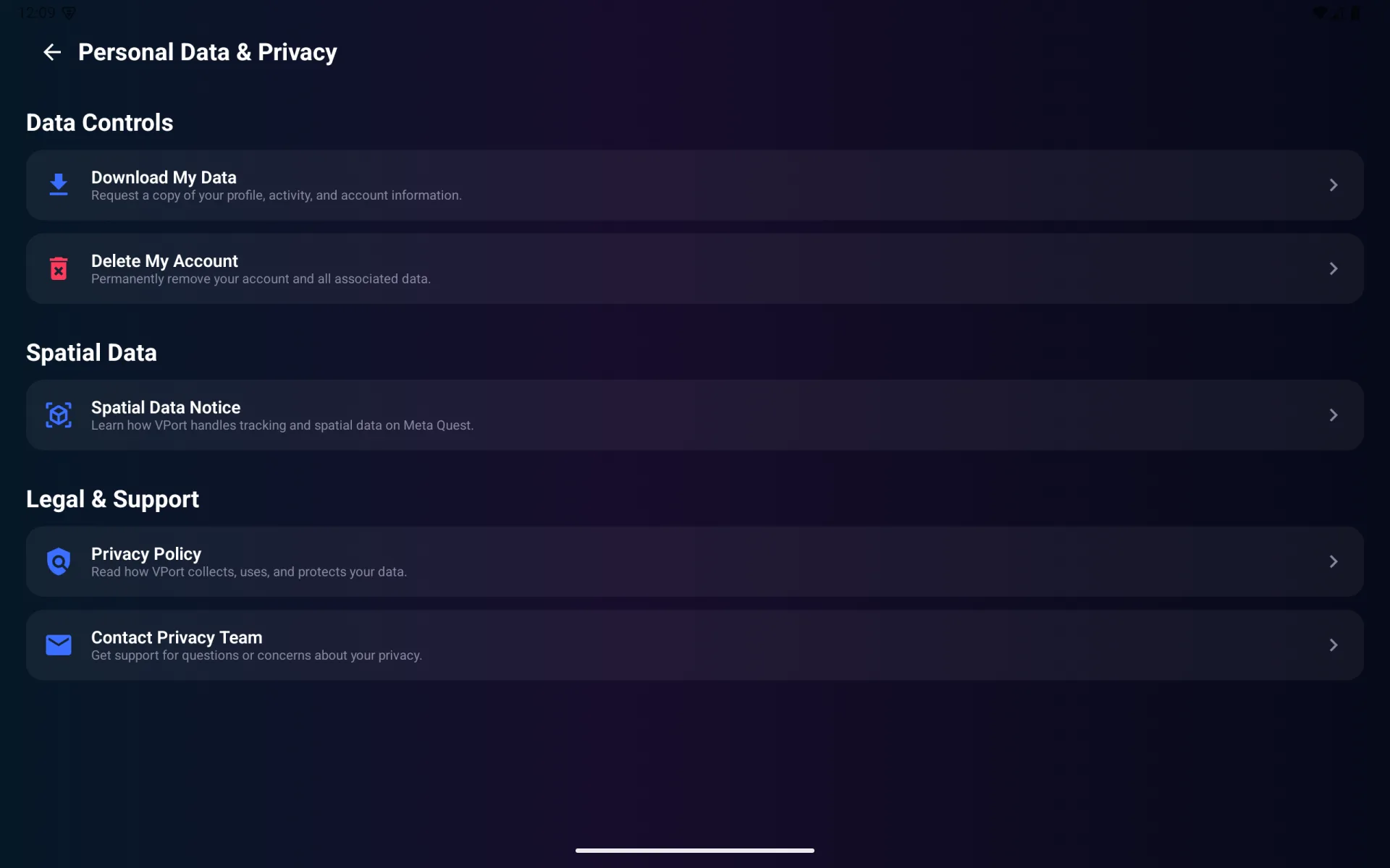 Personal Data and Privacy controls on Meta Quest