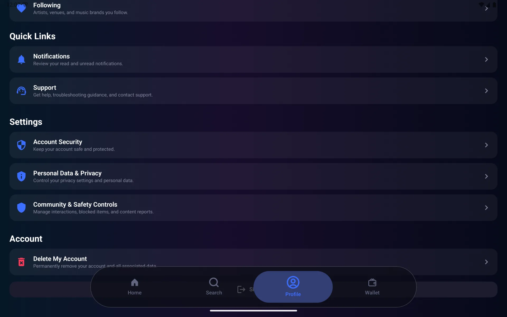 Profile settings on Meta Quest