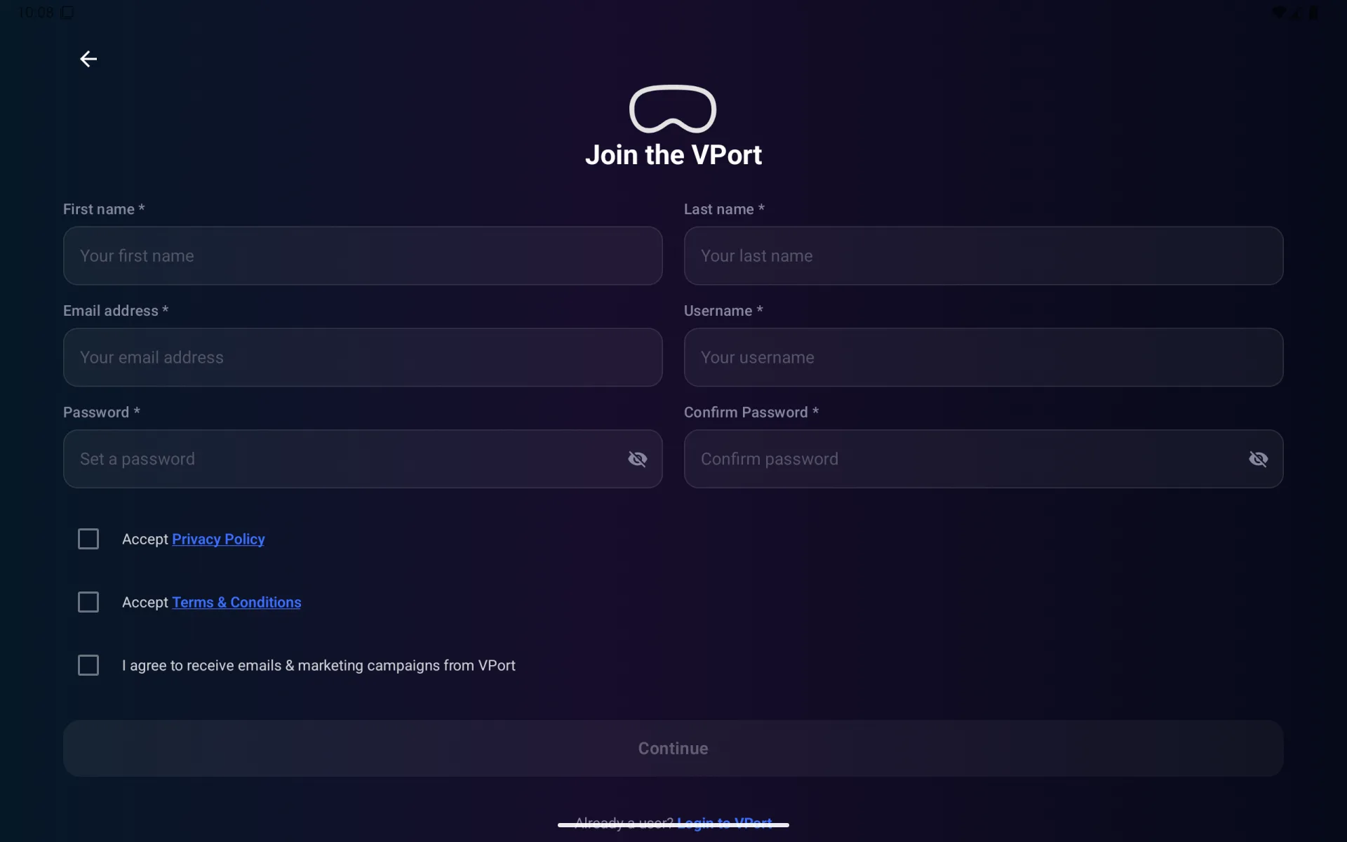 VPORT account creation on Meta Quest