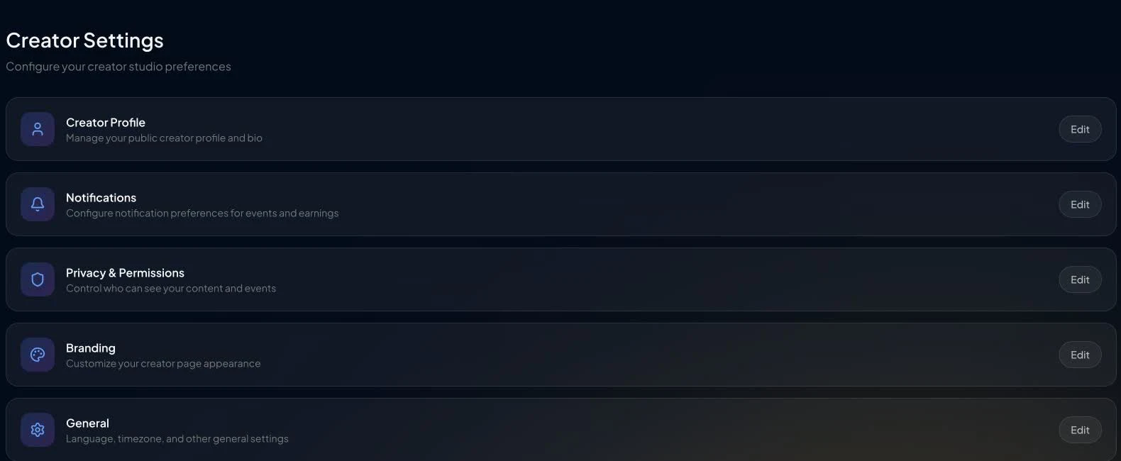 Current Creator Settings page