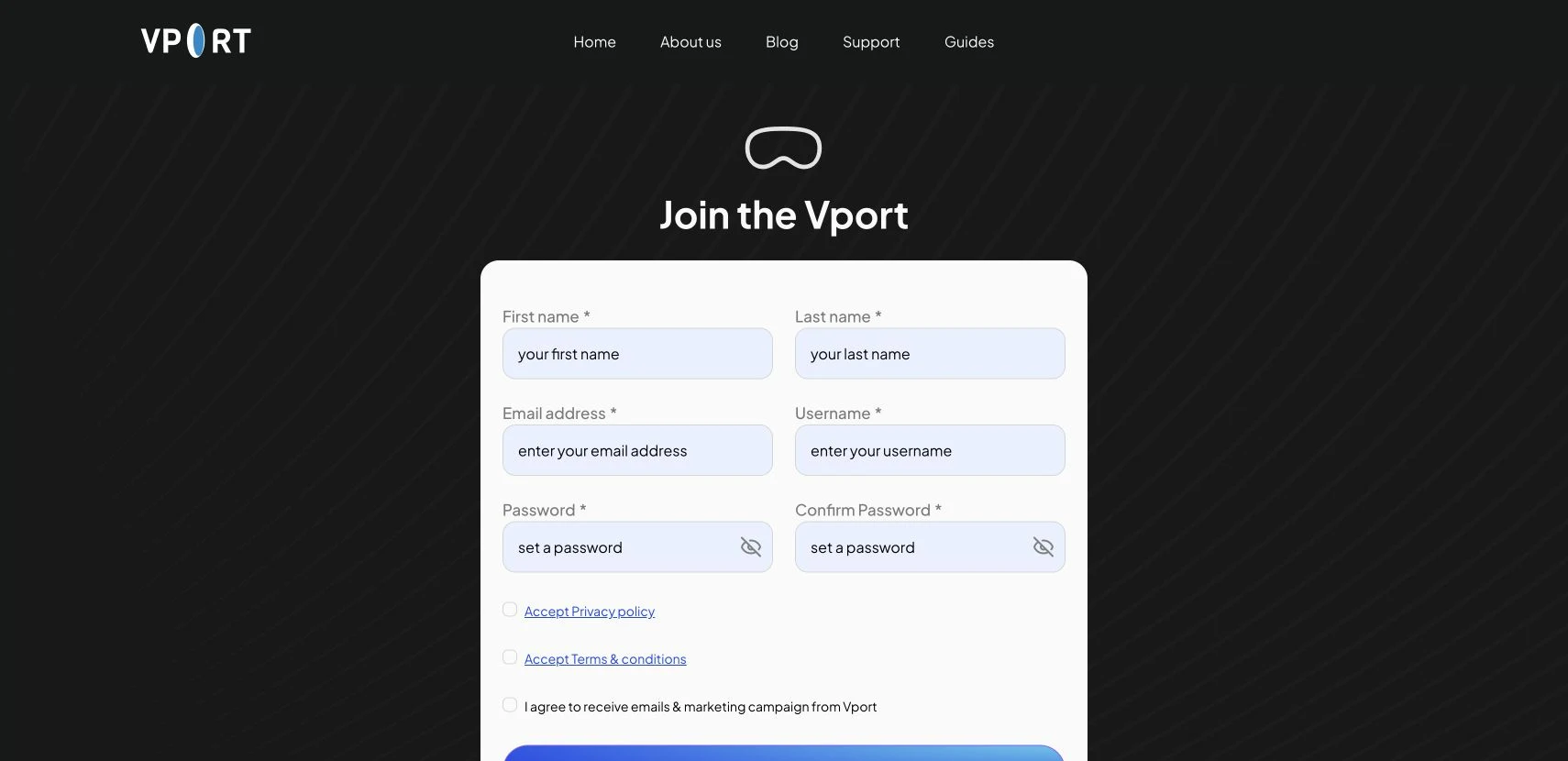 Current VPORT sign-up form