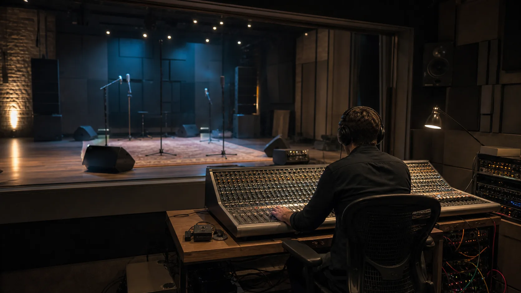 A fictional audio engineer testing a concert mix in an unbranded pre-show control room