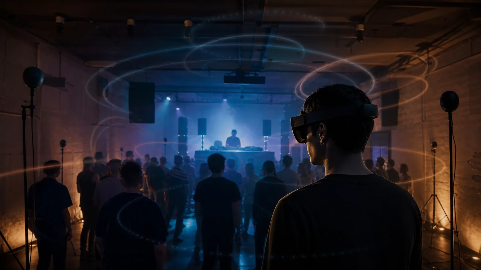Original editorial scene of an unbranded headset listener at a fictional electronic music venue, with subtle arcs illustrating room-anchored sound