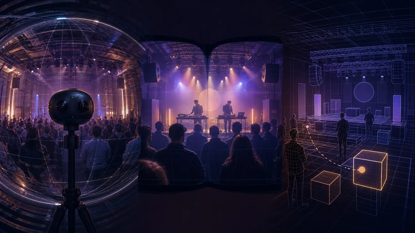 A fictional concert visualized as spherical 360 capture, framed stereoscopic video, and a rendered interactive environment