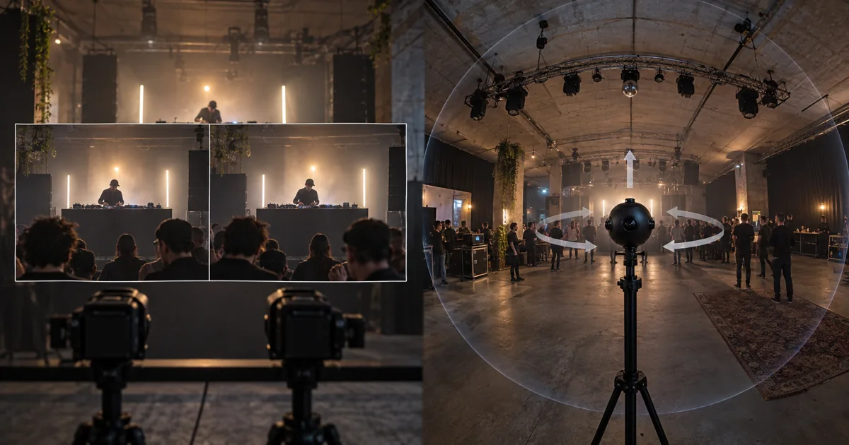 A fictional concert rehearsal comparing a bounded stereo camera view with a spherical 360-degree capture position