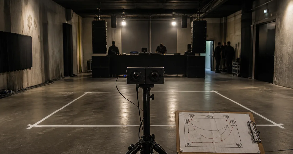 Fictional stereoscopic camera inside a taped floor grid facing a DJ booth beside a room-audio plan