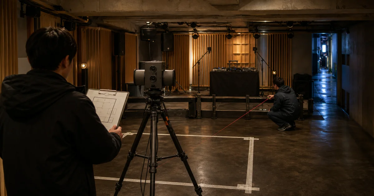 A fictional Tokyo venue site survey with a stereoscopic camera inside a taped safety footprint, a crew member measuring the stage distance, and a venue floor plan.