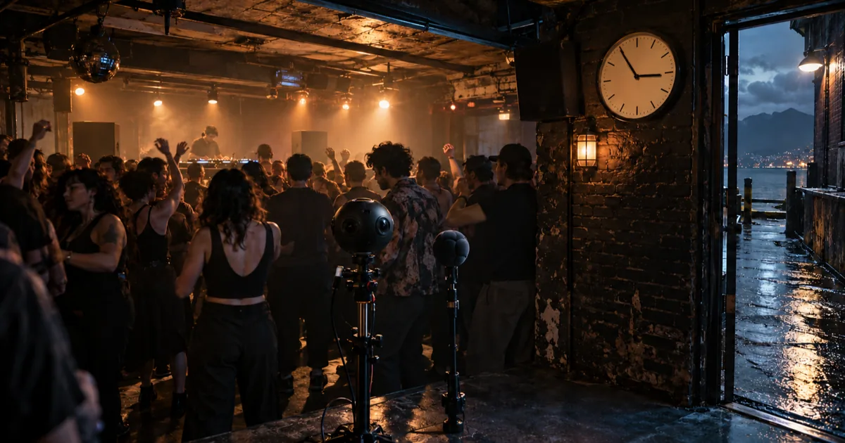 A fictional Vancouver club near 3am with a spherical camera, ambisonic microphone, rain-lit coastal doorway, and low-ceiling room