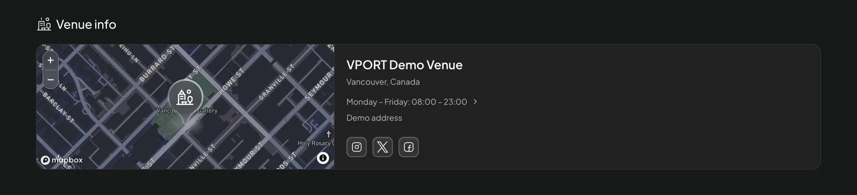 Current VPORT venue information card using sanitized demo data, with a map, location, hours, address, and social links