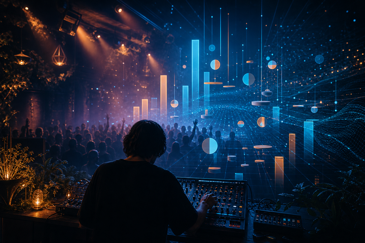An anonymous electronic musician performing in a fictional hybrid venue with abstract accounting shapes