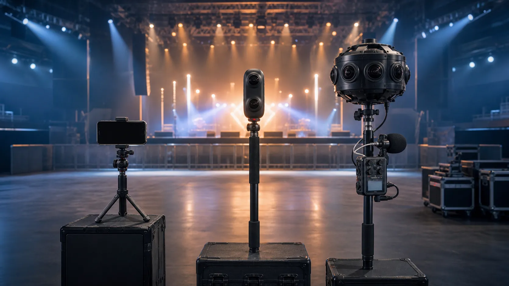 Three unbranded concert capture tiers: a phone, a compact 360 camera, and a professional multi-lens rig