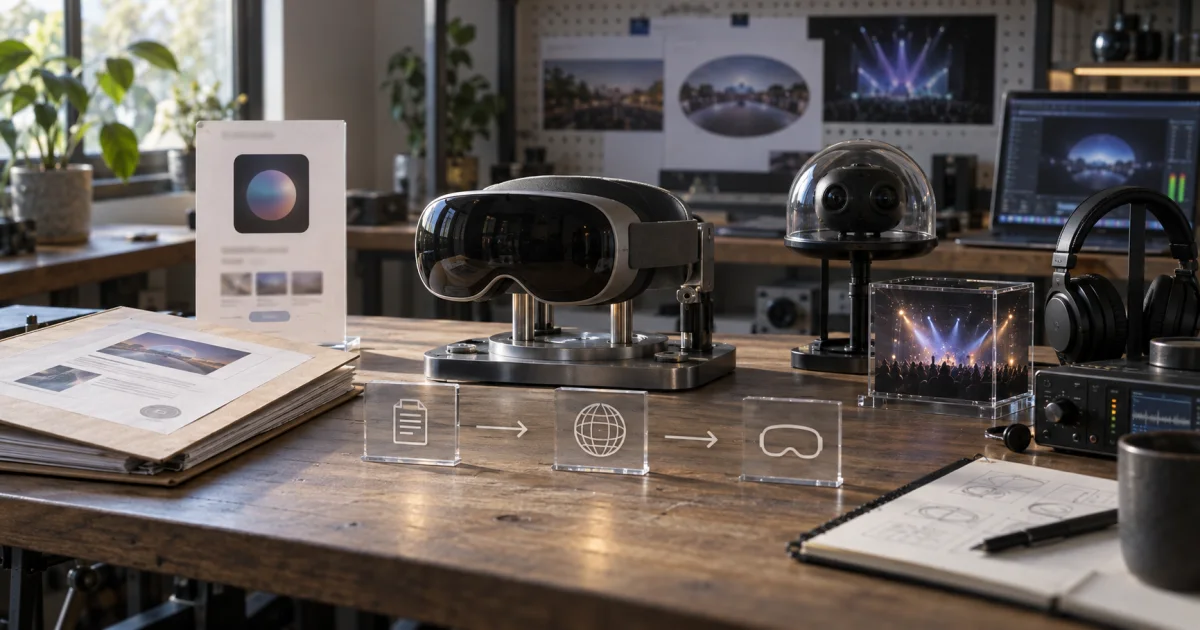 A fictional release-verification workbench linking a public app record, immersive-video formats, audio testing, and a spatial headset