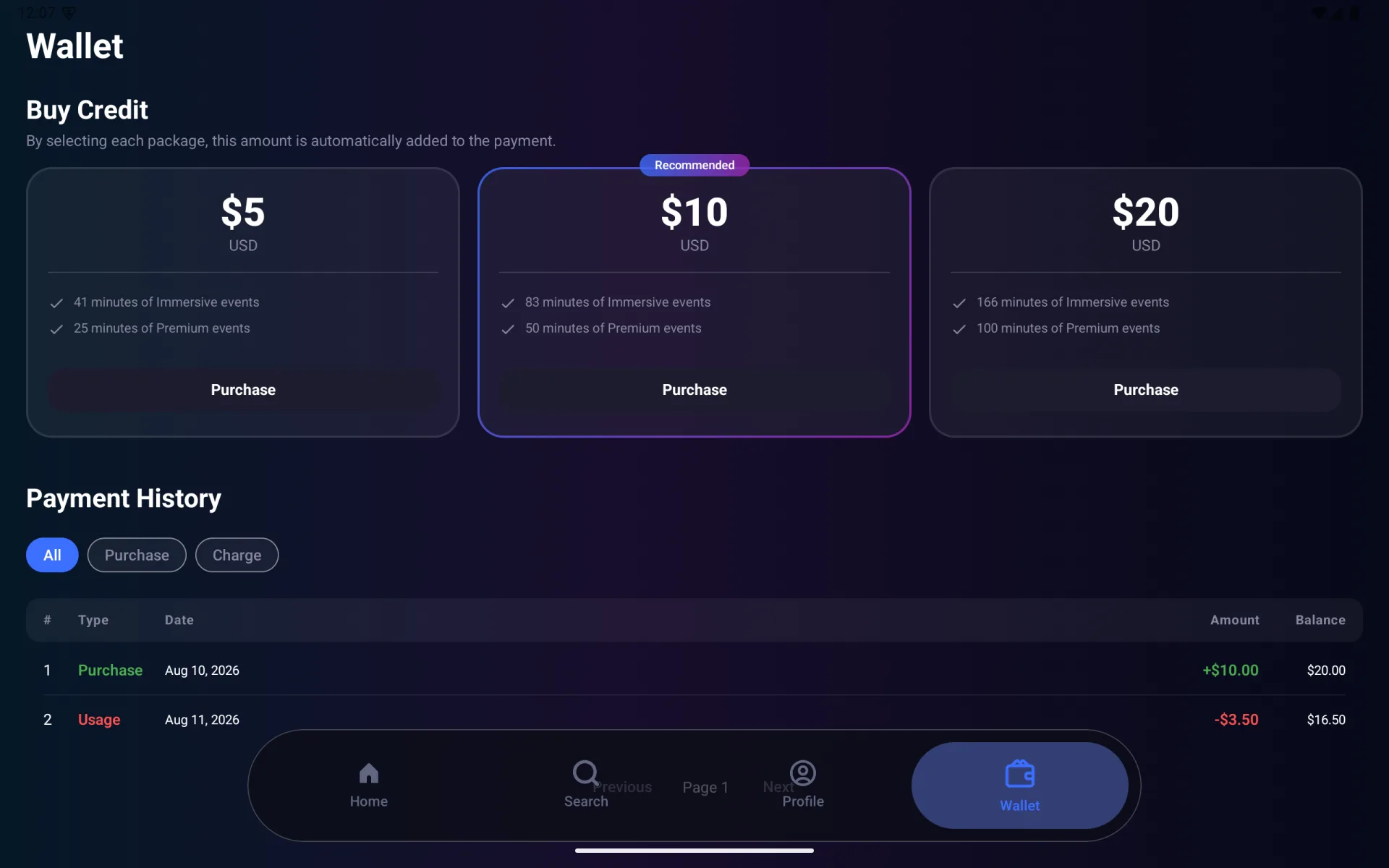 Credit packages and payment history in the Meta Quest Wallet