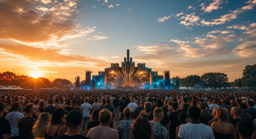 Original editorial artwork of a fictional outdoor electronic music festival at sunset