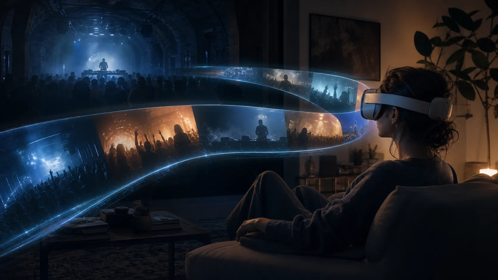 A fictional underground electronic set preserved as a replayable visual timeline for a headset listener at home