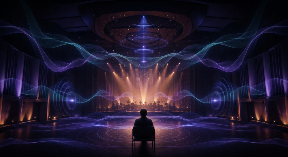 Original editorial artwork showing directional sound waves surrounding a listener in a fictional concert hall
